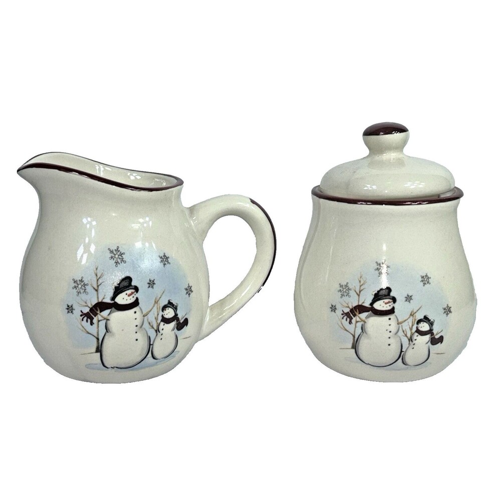 Vintage Royal Seasons Snowman Stoneware Creamer & Lidded Sugar Bowl Set
